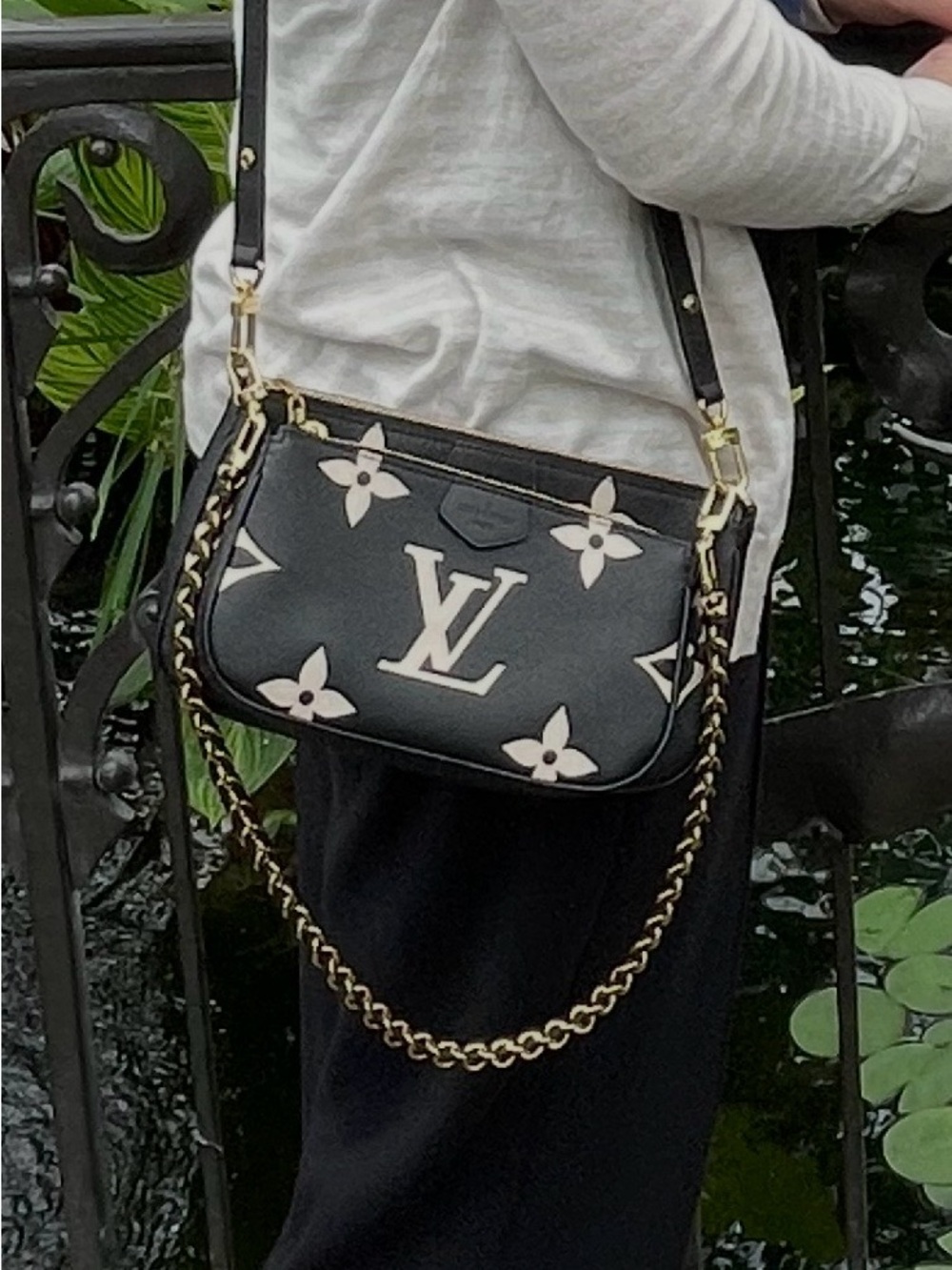 Louis Vuitton Black and Cream Monogram Crossbody Bag with Gold Chain